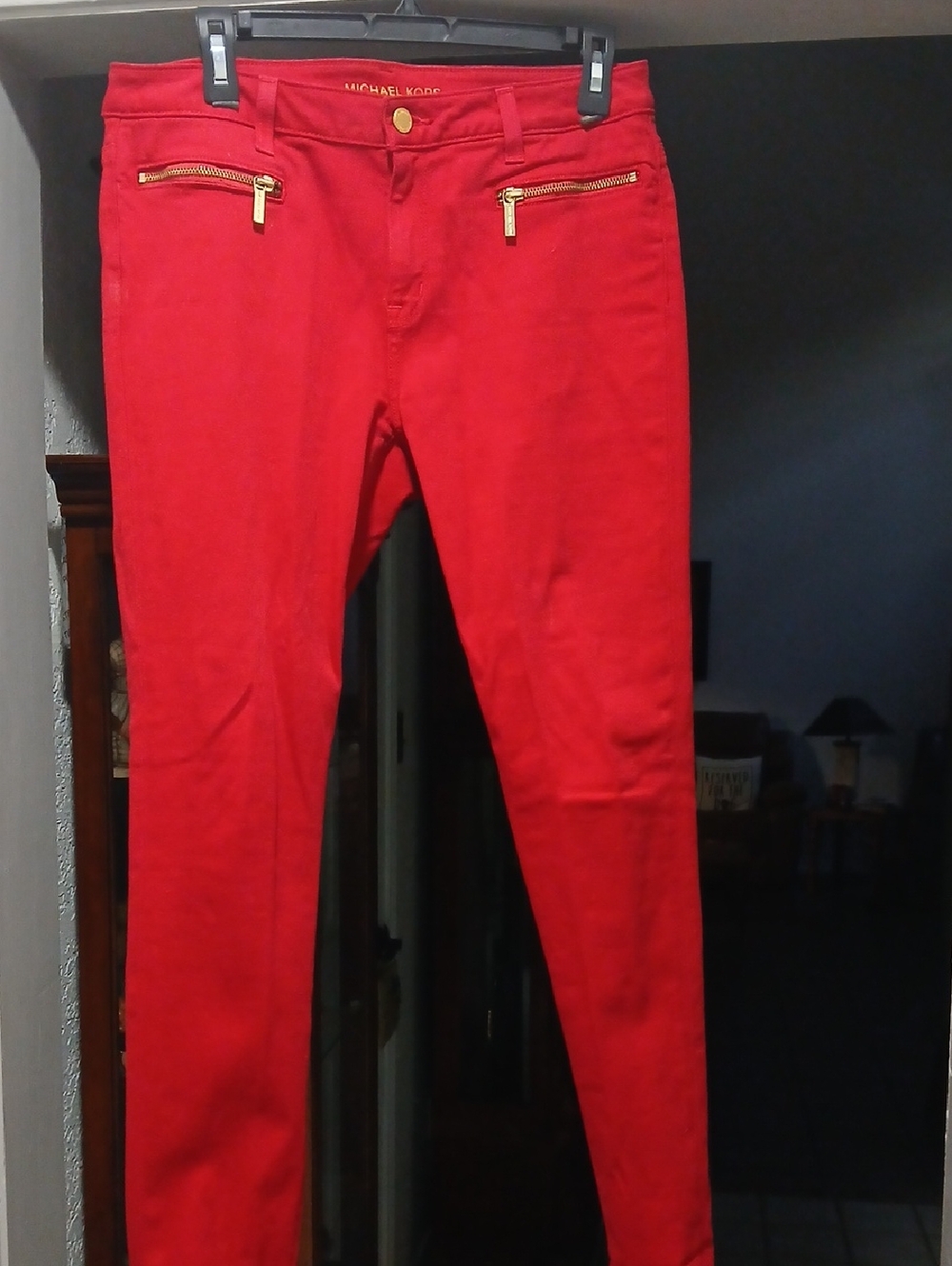 Michael Kors Red Slim Pants with Gold Zipper Accents